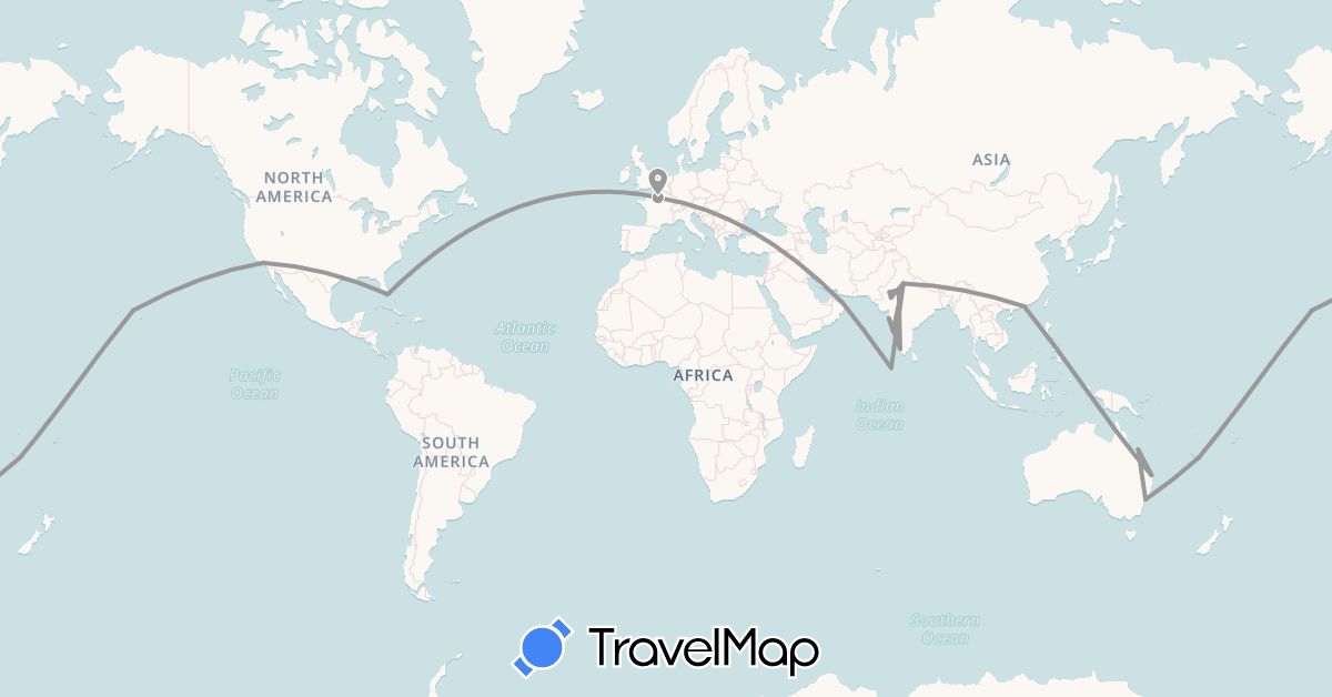 TravelMap itinerary: driving, plane in Australia, China, France, India, Maldives, Oman, United States (Asia, Europe, North America, Oceania)